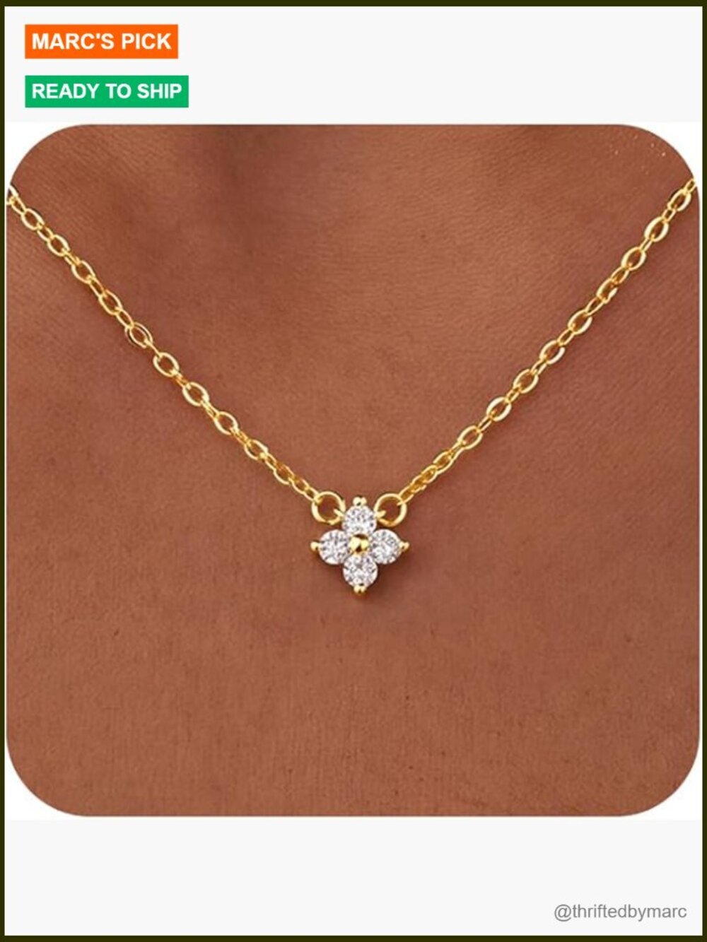 Dainty Clover Pendant Necklace, 14K Gold Plated Cubic Zirconia Choker, Simple
